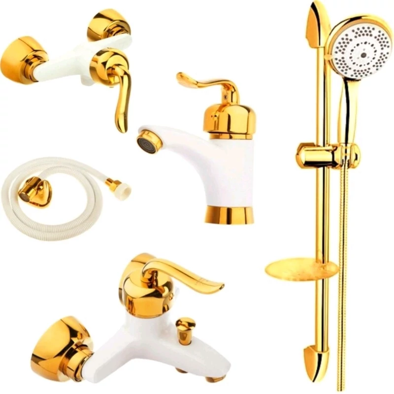 ست 5 تایی شیرآلات قاجاری سفید طلایی با علم دوش تک کاره طلایی و شیلنگ توالت