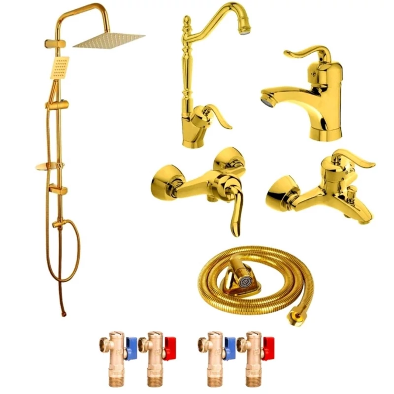 ست 10 تایی شیرآلات قاجاری طلایی با علم دوش دوکاره طلایی و شیلنگ توالت طلایی