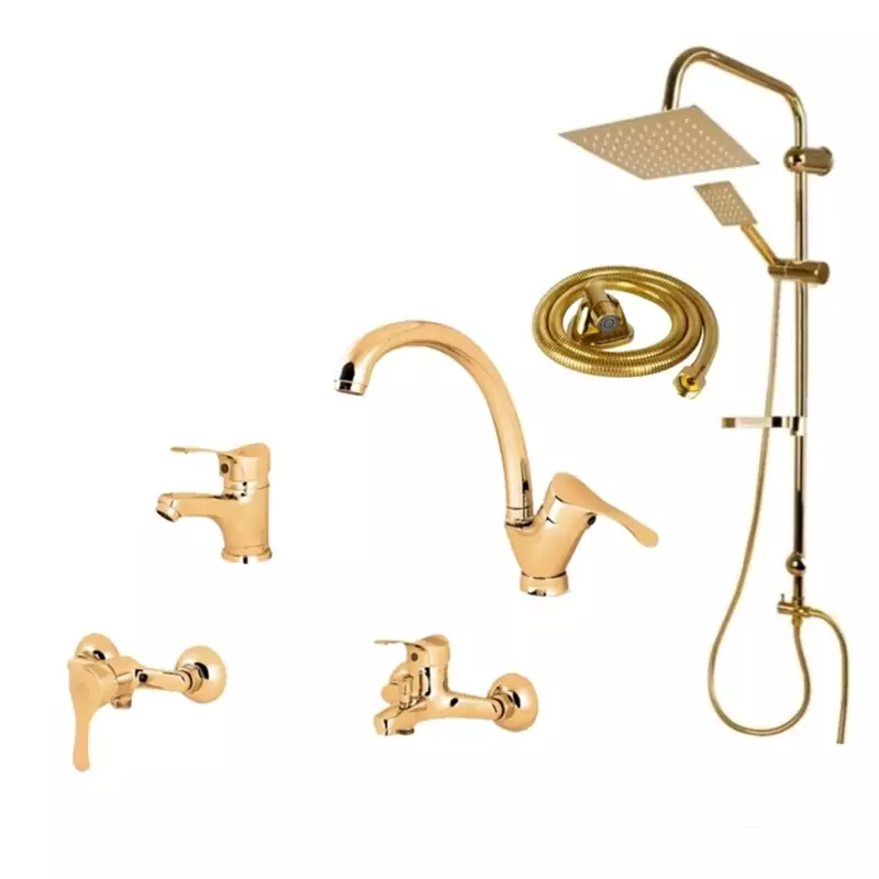 ست 6 تایی شیرآلات دیبا طلایی با علم دوش دوکاره و شیلنگ توالت