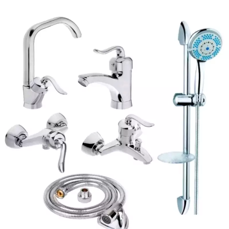 ست 6 تایی شیرآلات قاجاری کروم با علم ظرفشویی دو خم و علم دوش تک کاره و شیلنگ توالت