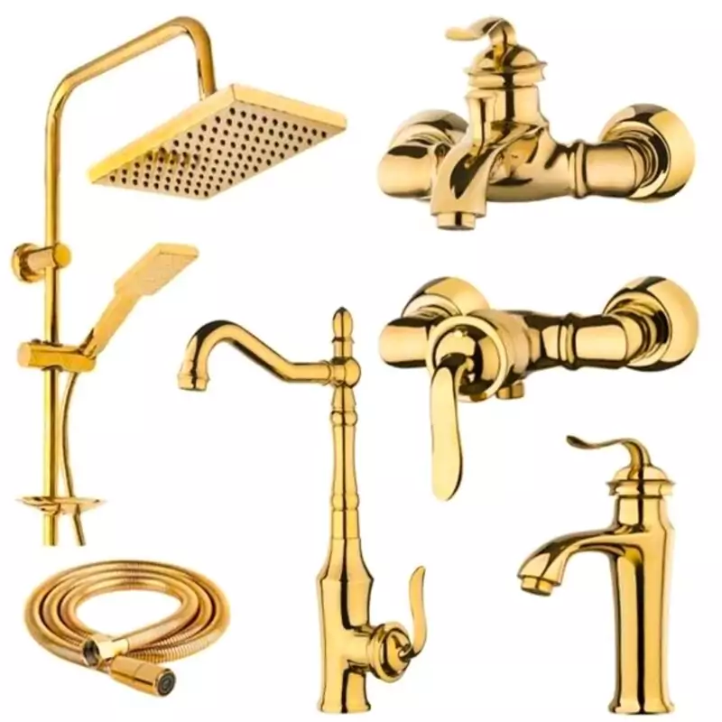 ست 6 تایی شیرآلات هلن طلایی با علم دوش دوکاره مربع طلایی و شیلنگ توالت
